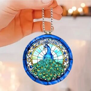 Peacock Feather “Welcome” Faux Stained Glass 2D Acrylic Pendant Ornament